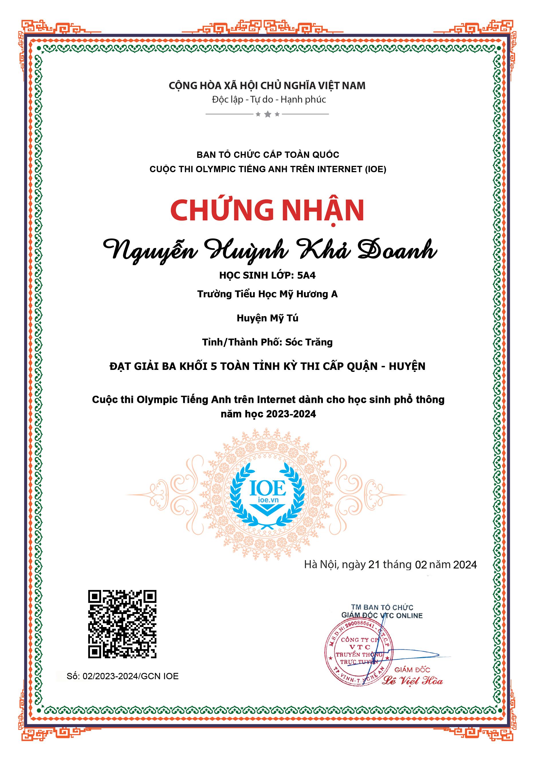 Kết quả thi IOE cấp huyện năm học 2023-2024 của học sinh trường TH Mỹ Hương A